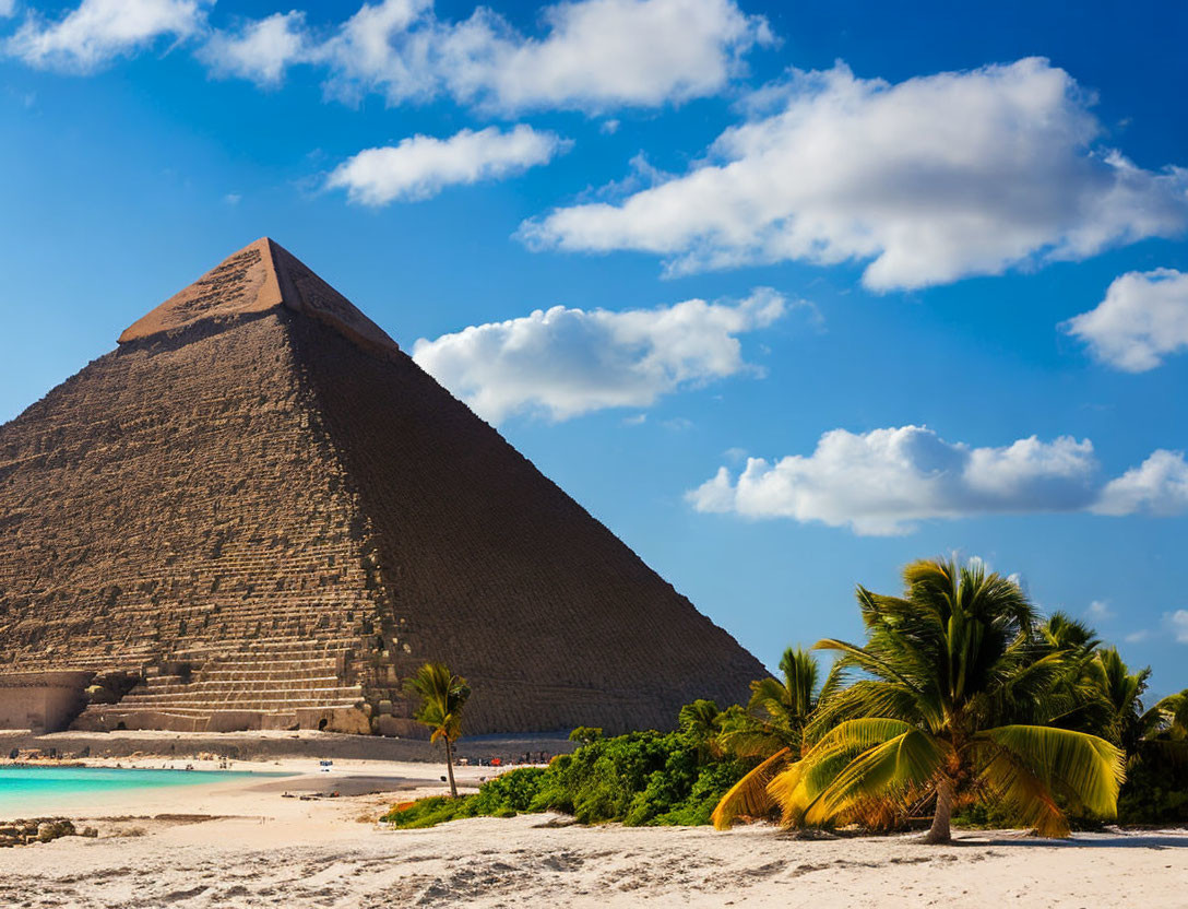 Ancient Egyptian pyramid under clear blue sky with sandy terrain and palm trees.