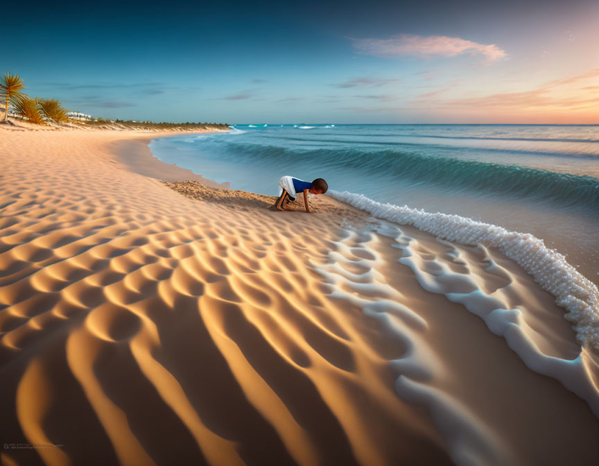 Person crouching at water's edge on serene beach at sunset