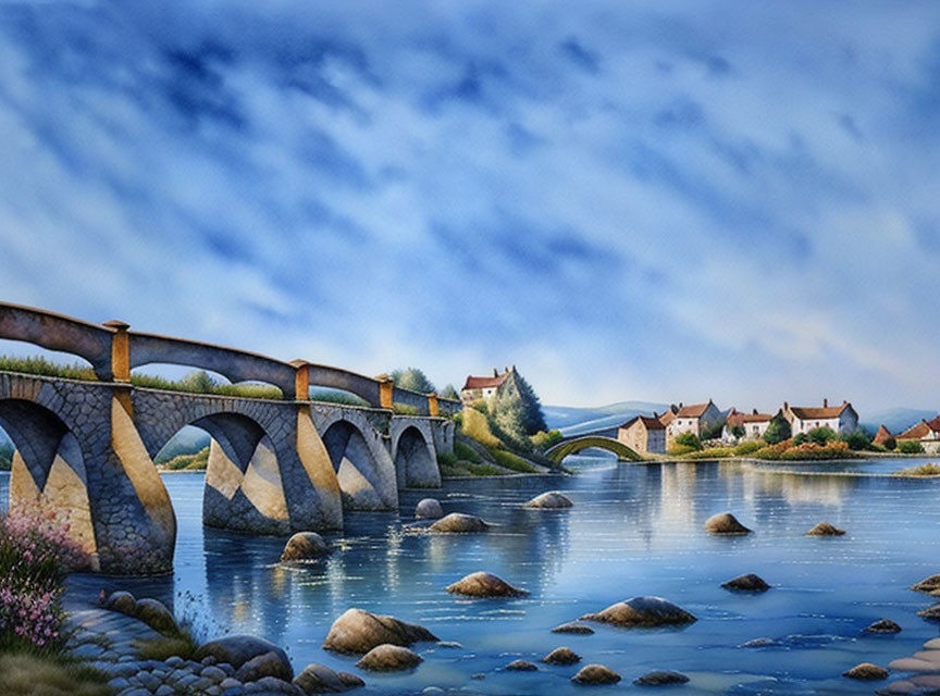 Tranquil river landscape with stone bridge and village