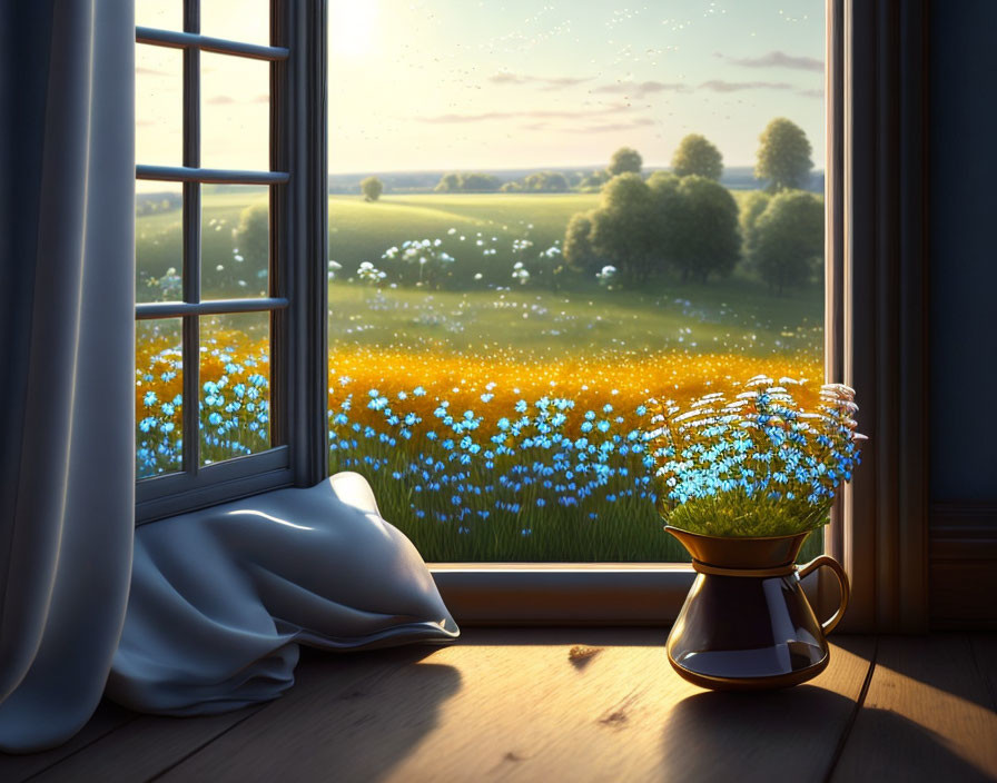 Tranquil sunrise view of flowering meadow from window sill