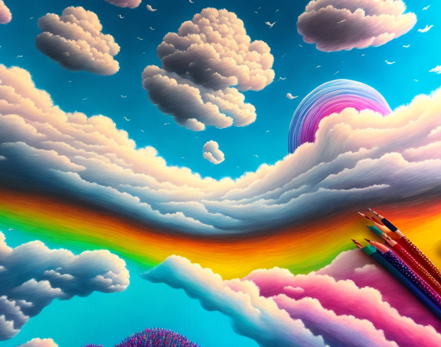 Vibrant fantasy sky with rainbow, fluffy clouds, and flying pencils