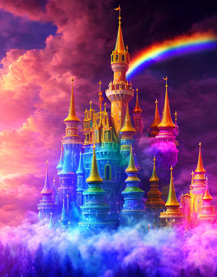 Colorful fantasy castle above clouds with rainbow & dramatic sky