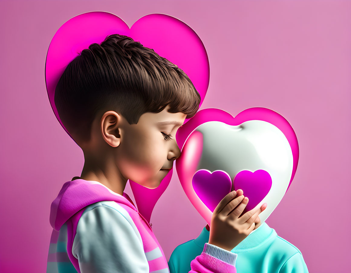 Stylized characters with oversized heads in tender moment on pink backdrop