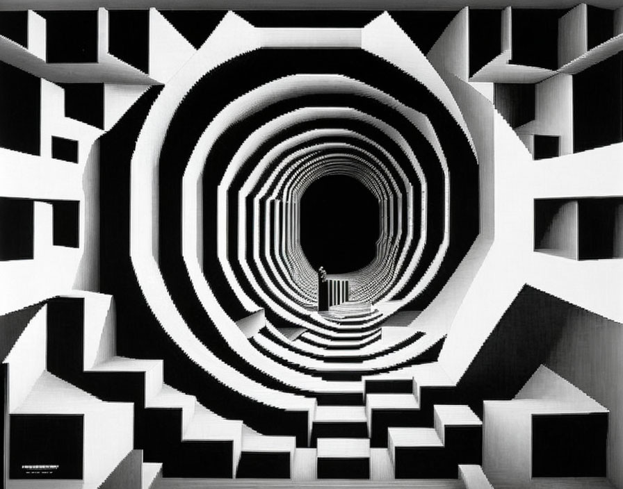 Monochromatic image of person in tunnel with abstract geometric patterns