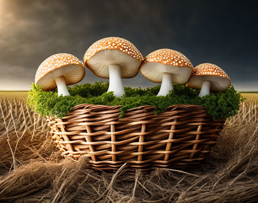 Whimsical mushroom forest in wicker basket on hay with stormy sky