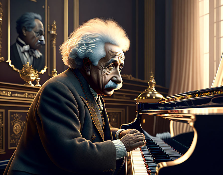 Albert Einstein playing piano in elegant room with portrait.