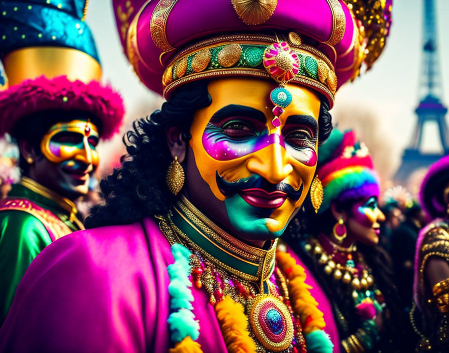 Colorful Traditional Indian Costume and Mask with Eiffel Tower Background