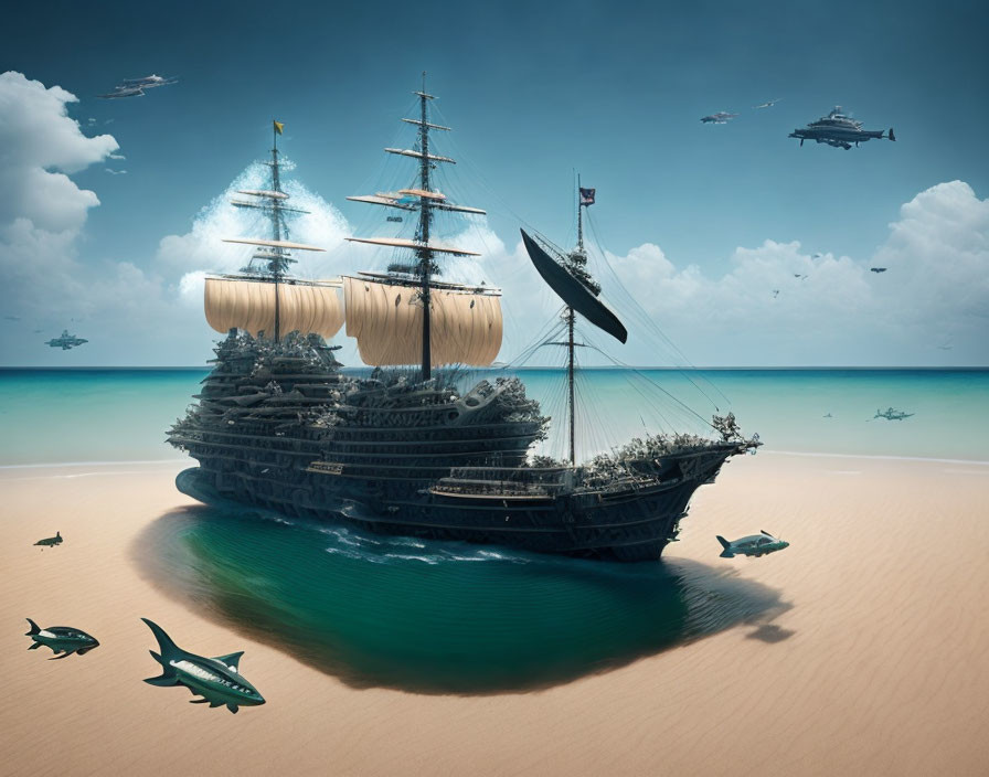 Imposing naval galleon surrounded by futuristic aircraft and shark-shaped submarines