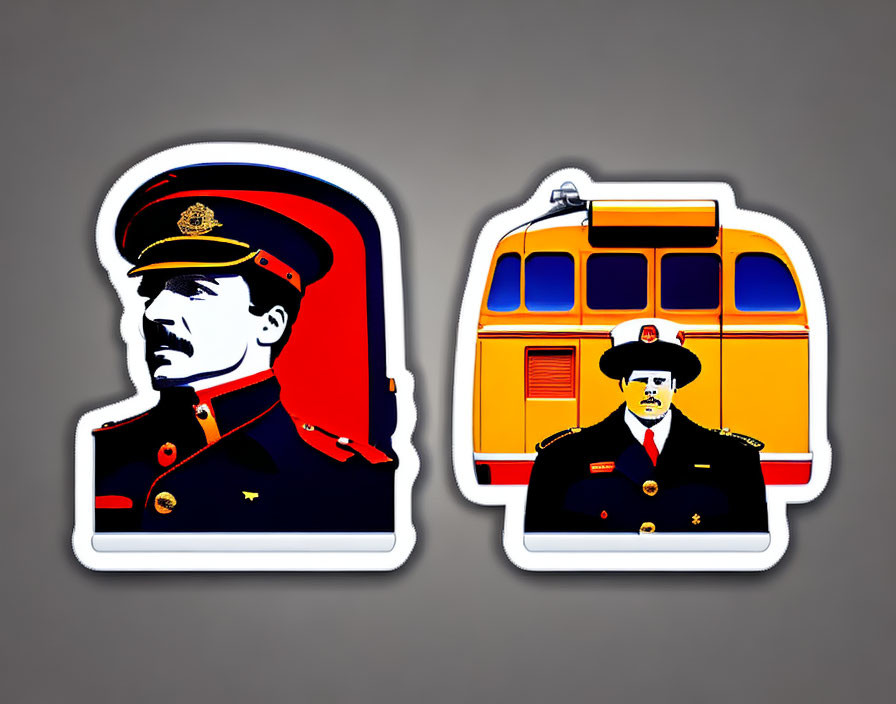 Stylized military officer and conductor stickers on grey background