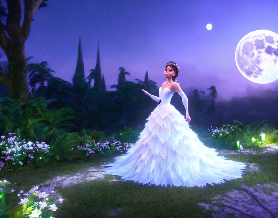 Digital artwork: Woman in white gown in moonlit garden