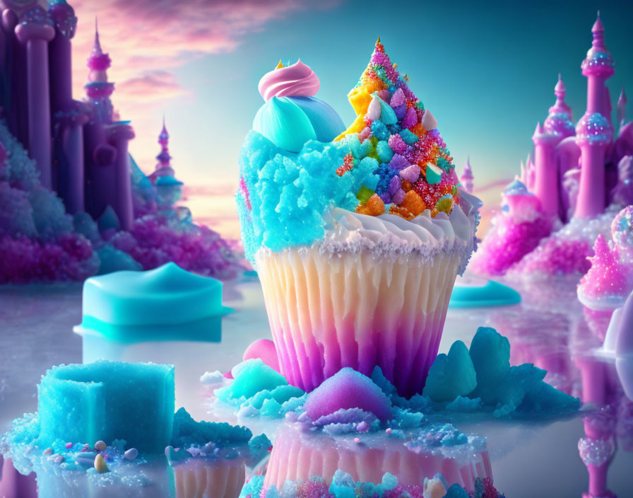 Colorful Cupcake with Blue and Pink Icing and Sprinkles on Candy Castle Background