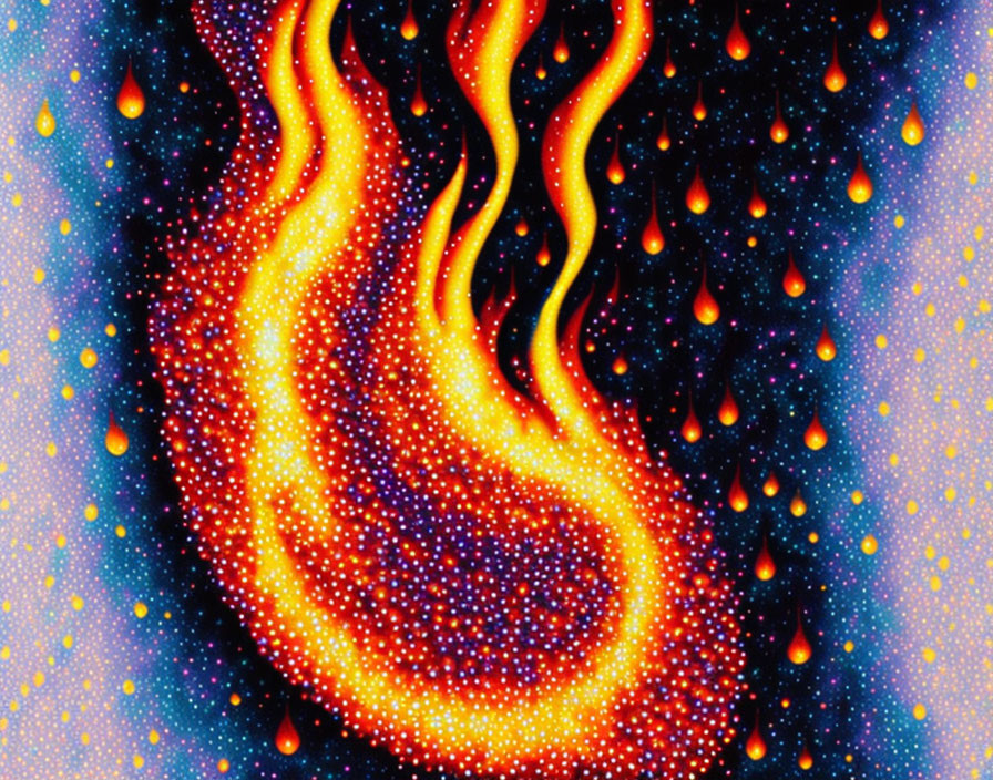 Vibrant abstract fiery swirl on starry backdrop with droplet-like elements