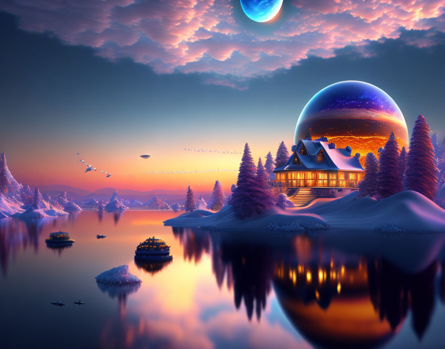 Surreal twilight scene with cozy house, reflective lake, snow-covered trees, distant mountains, and