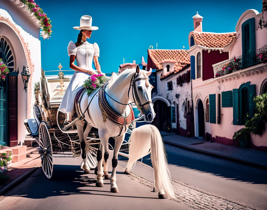 Traditional attire woman riding white horse pulling carriage in charming street.