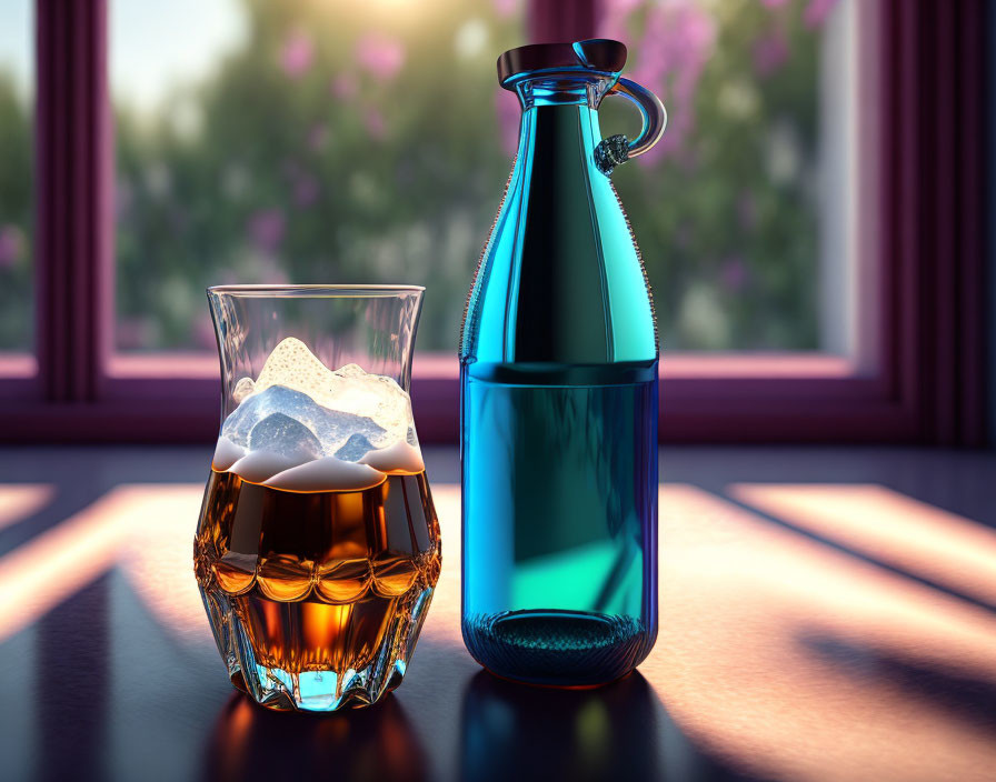 Beer glass with froth beside blue bottle on windowsill with blooming flowers and sunlight