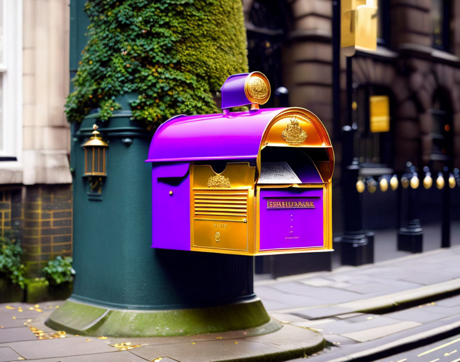 Purple and Gold Embossed Mailbox on Sidewalk with Crest and Text