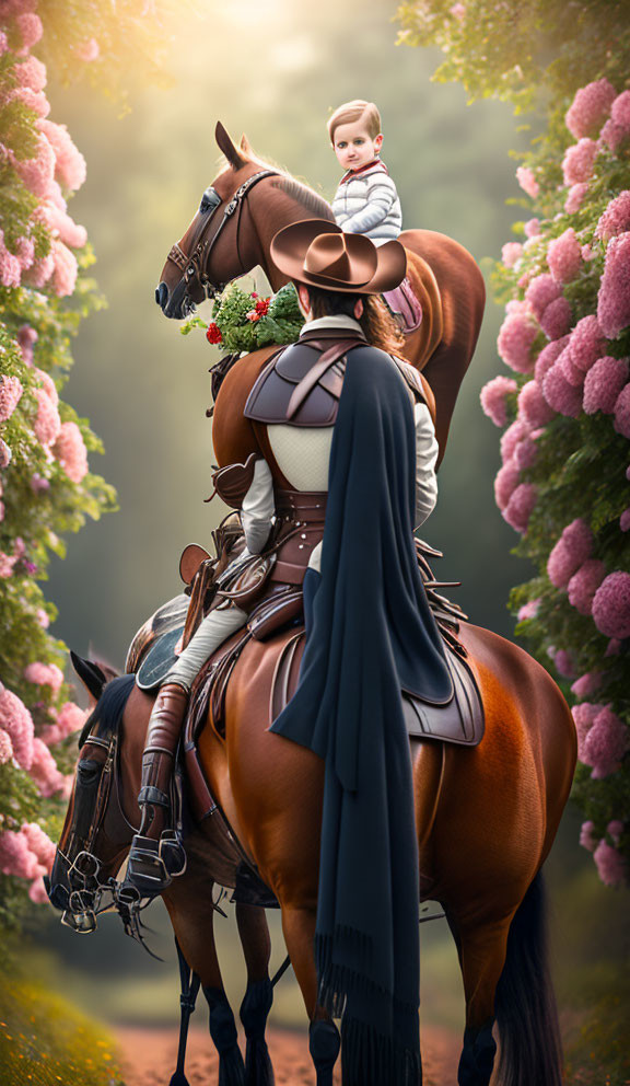 Vintage riding outfit woman holds child on chestnut horse amid pink flowers and misty forest.