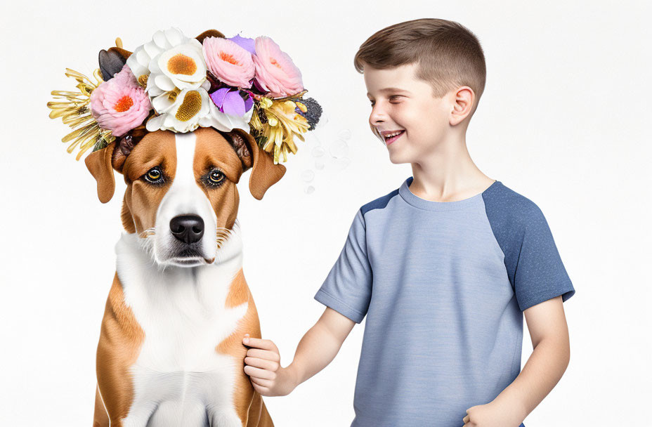 Smiling boy with dog wearing floral crown in comical scene