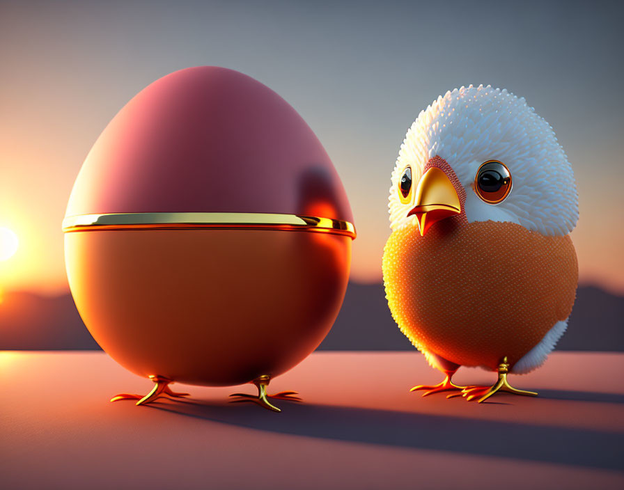 Detailed 3D illustration of chick and egg with golden legs in sunset scene