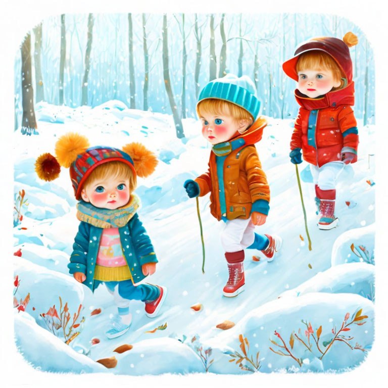 Three children in winter clothes walk through snowy forest with red berries.