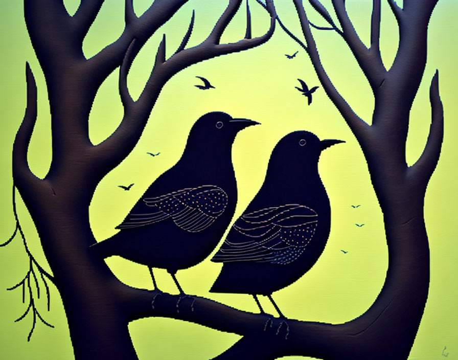 Stylized blackbirds on branch with intricate tree backdrop.