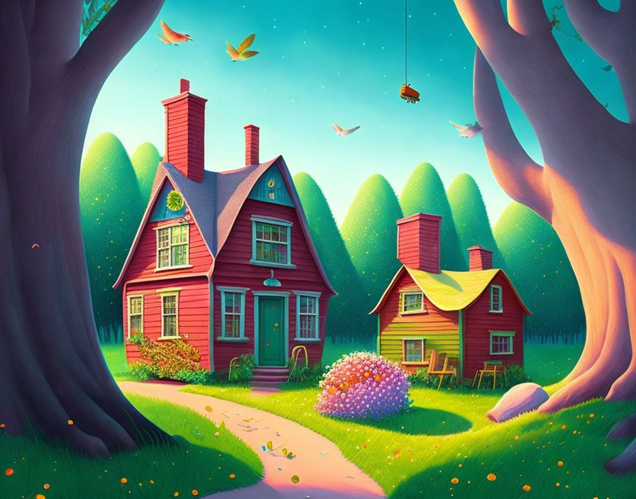 Colorful illustration: Red house in forest with swing and birds at sunset