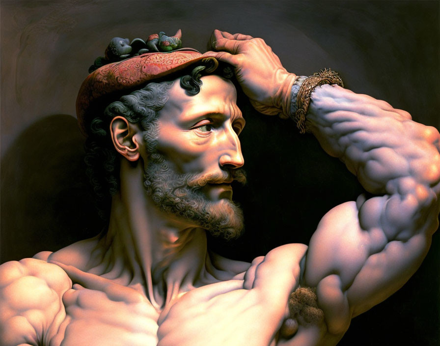 Detailed Classical-style Painting of Muscular Man in Headband with Contemplative Expression