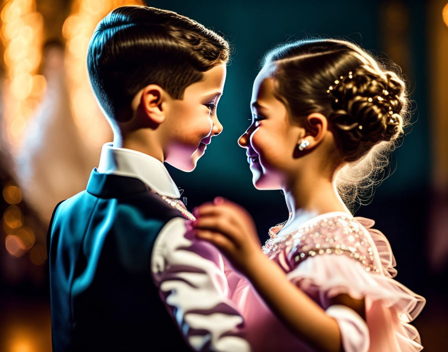 Young children in formal attire smiling, boy in suit, girl in pink dress, warmly lit setting.