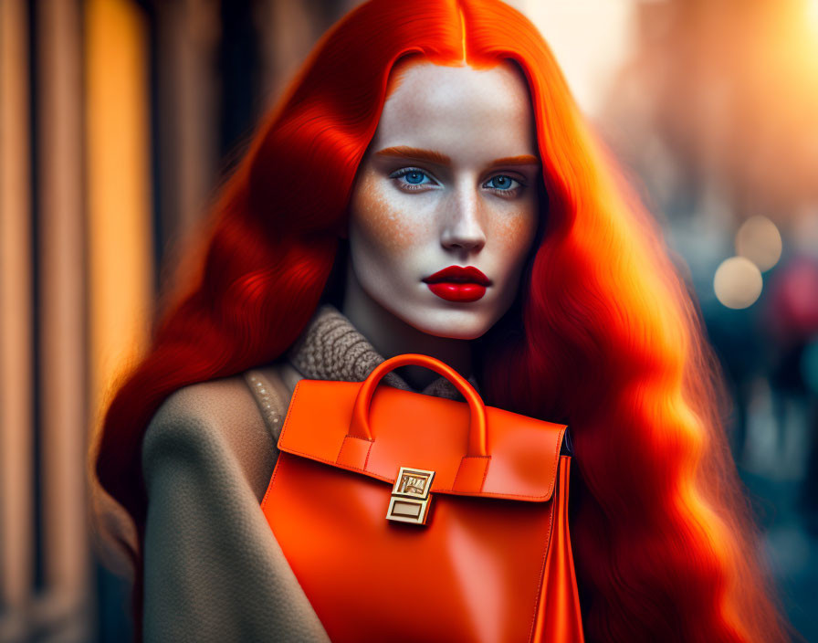 Portrait of Woman with Red Hair and Blue Eyes Holding Orange Bag in Cityscape