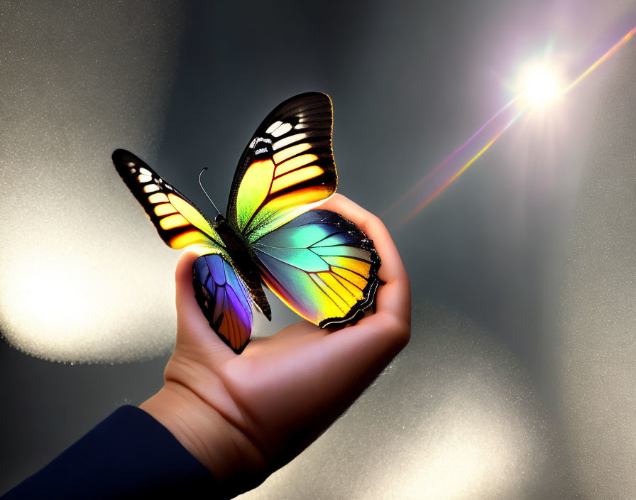 Colorful Butterfly Resting on Hand Against Glowing Background