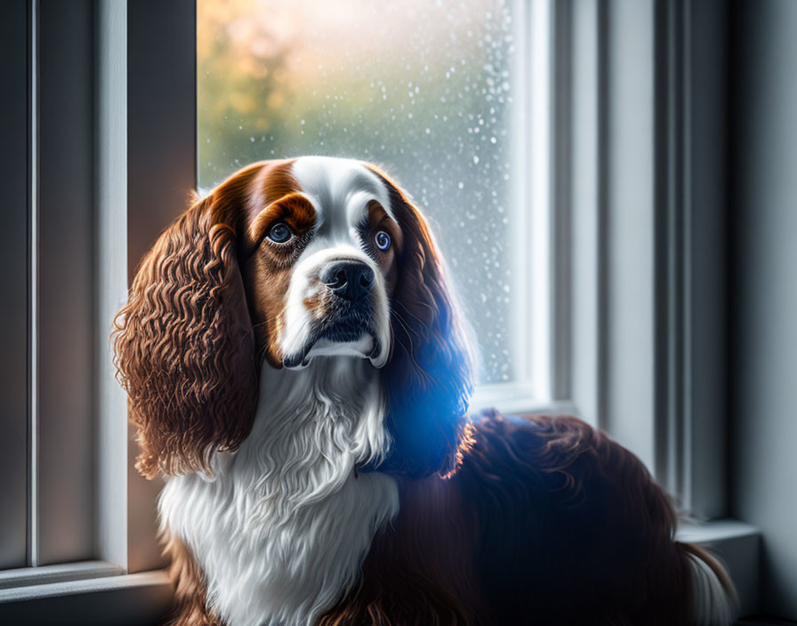 Cavalier King Charles Spaniel looking out window on rainy day