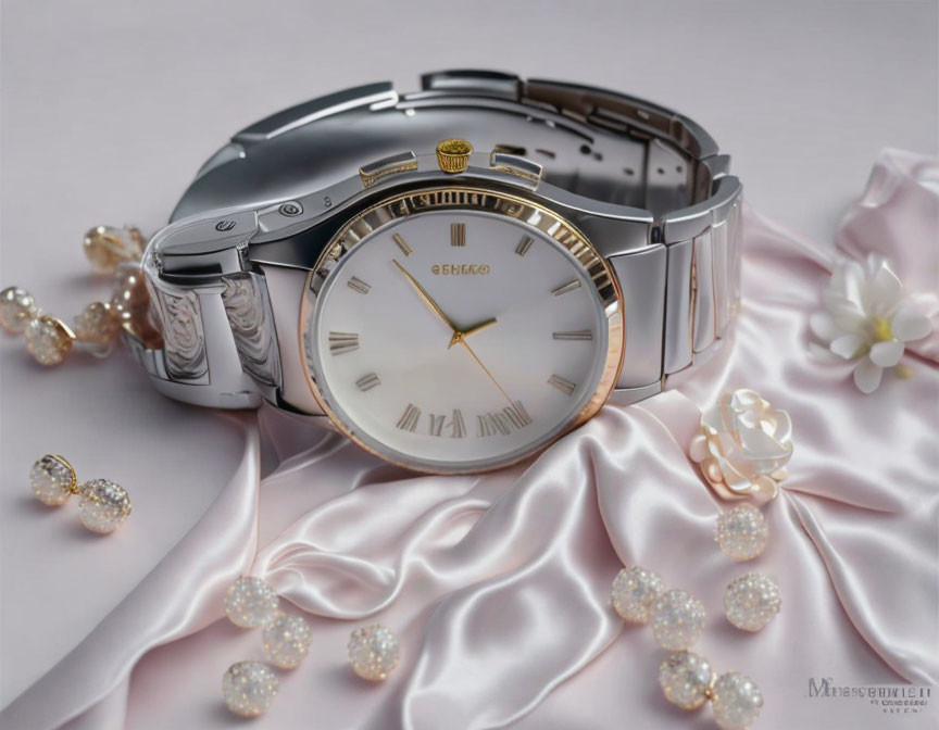 Luxurious White Dial Wristwatch with Gold Accents and Silver Bracelet, Elegant Jewelry, White