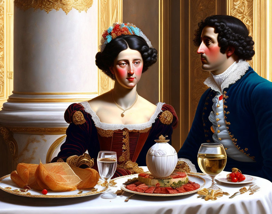 Regal couple in red and blue attire at luxurious table