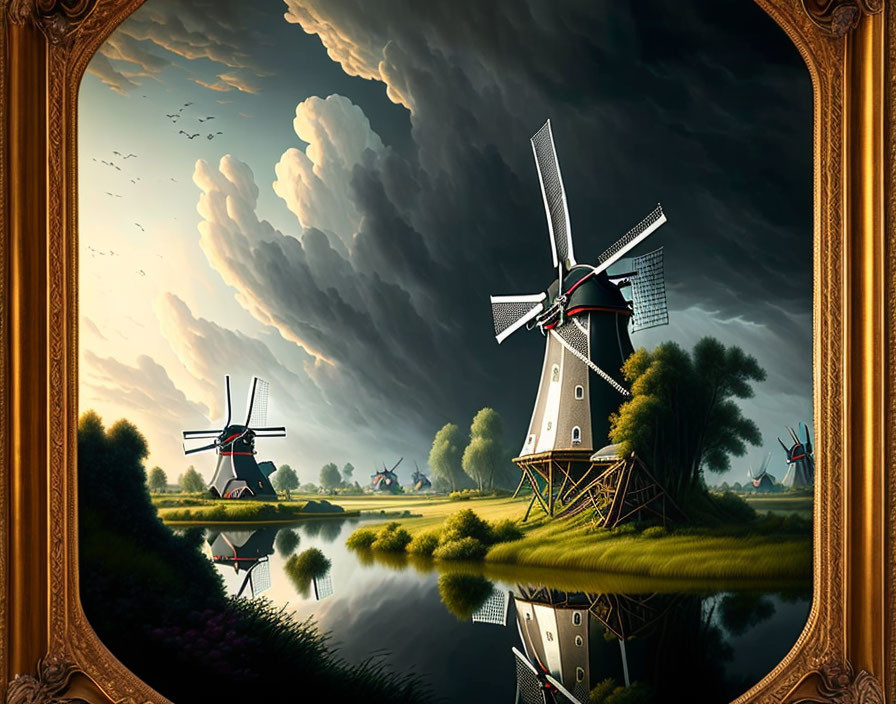 Traditional Dutch Windmills Painting with Dramatic Sky and River in Gold Frame