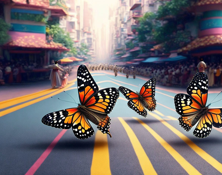 Colorful urban scene with monarch butterflies and people.