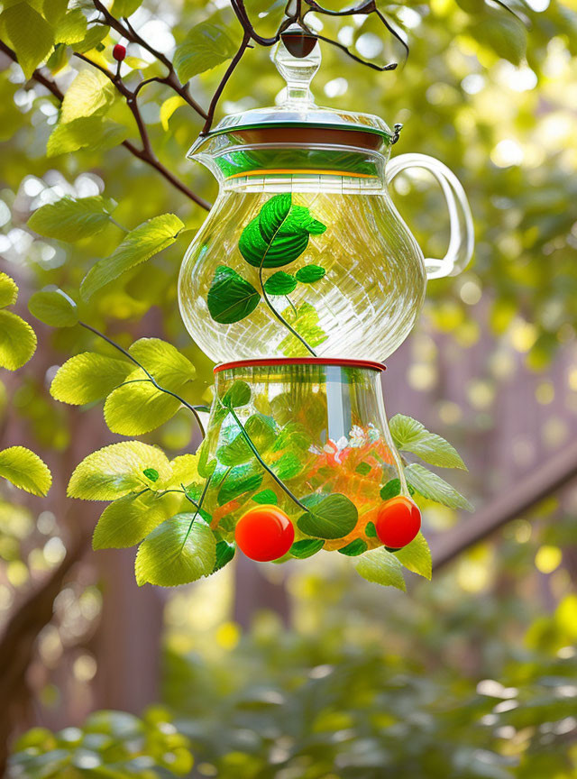 Transparent pitcher adorned with painted leaves and fruits on tree branch.