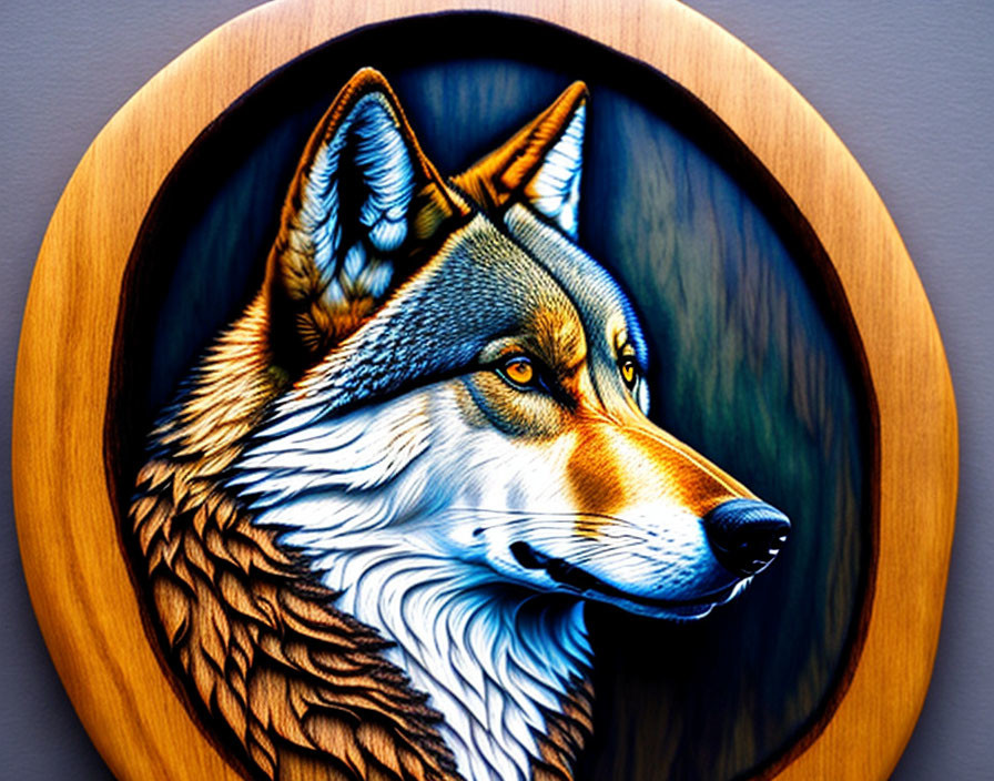 Colorful Wolf Head Painting in Oval Wooden Frame on Dark Background