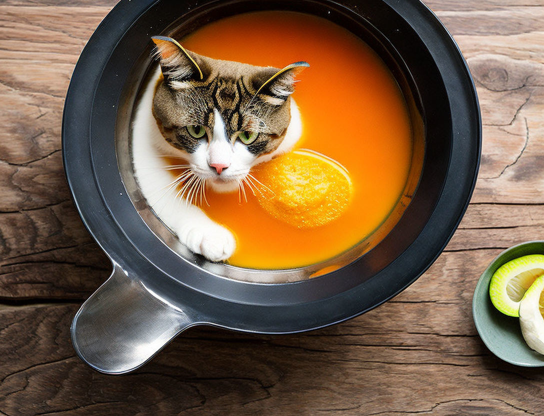 Cat's head in soup with orange: surreal and amusing digital art