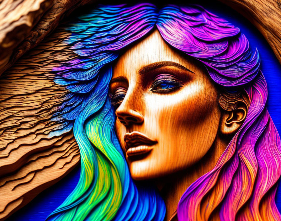 Colorful Wooden Carving of Woman's Face with Flowing Hair