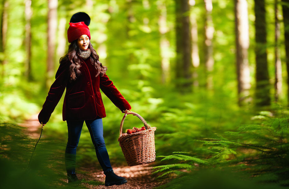 Woman in Red Coat Walking in Lush Forest with Basket of Red Apples