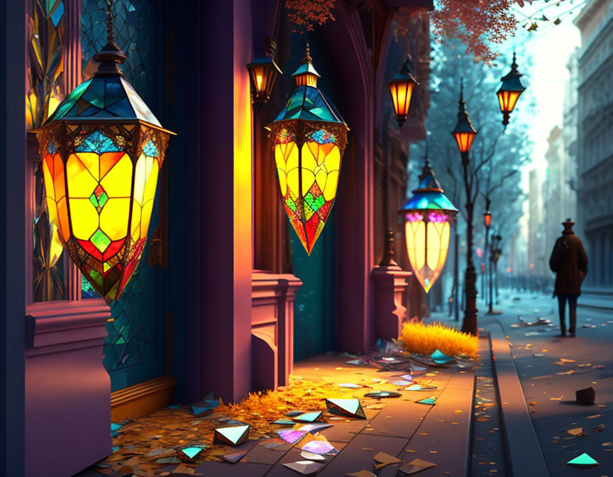 Colorful Stained Glass Lanterns and Autumn Leaves on City Sidewalk