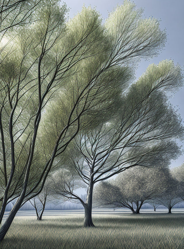 Serene meadow with slender trees and intricate branches