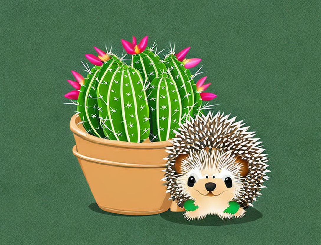 Adorable Hedgehog and Cactus Illustration with Pink Flowers