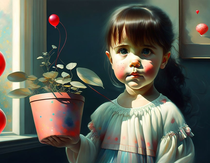 Rosy-cheeked girl holds potted plant with red balloons by sunlit window