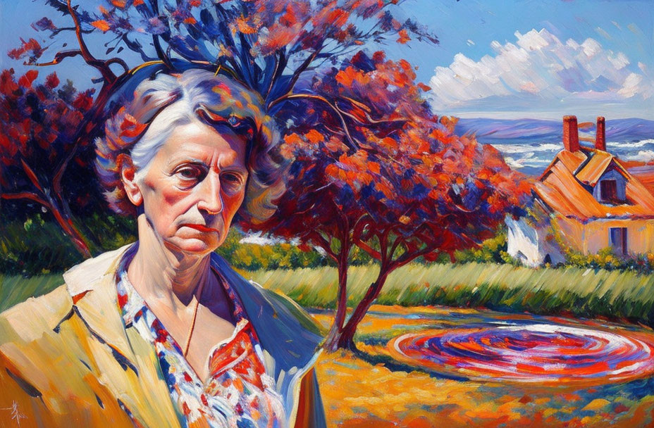 Colorful painting: older woman in front of vibrant landscape