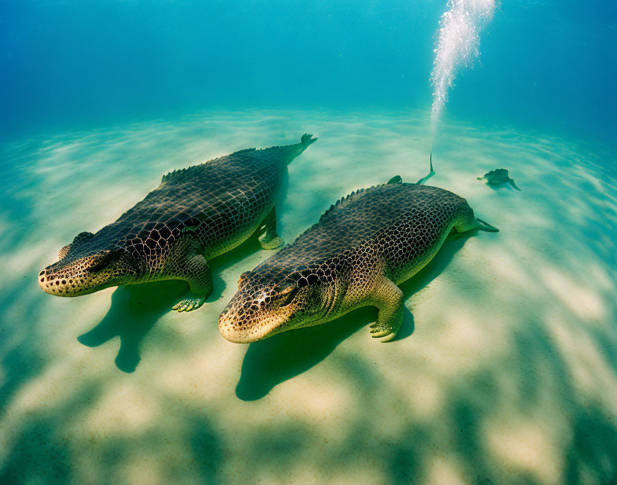 Spotted sea turtles swimming in clear blue ocean.