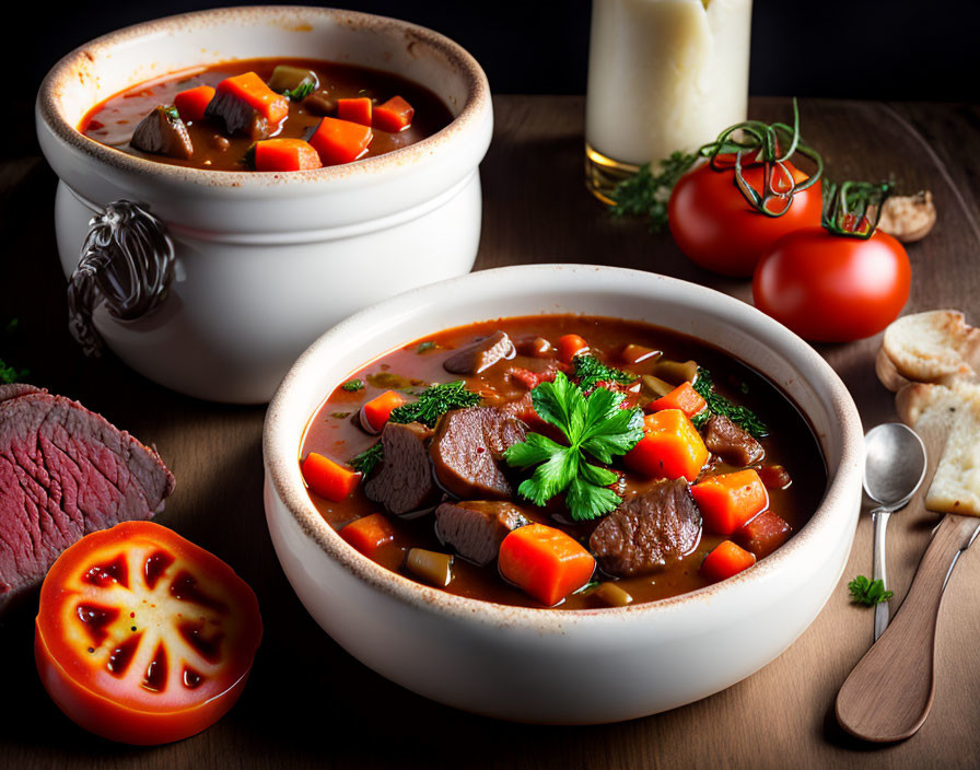 Hearty Beef Stew with Meat, Vegetables, Parsley, and Bread