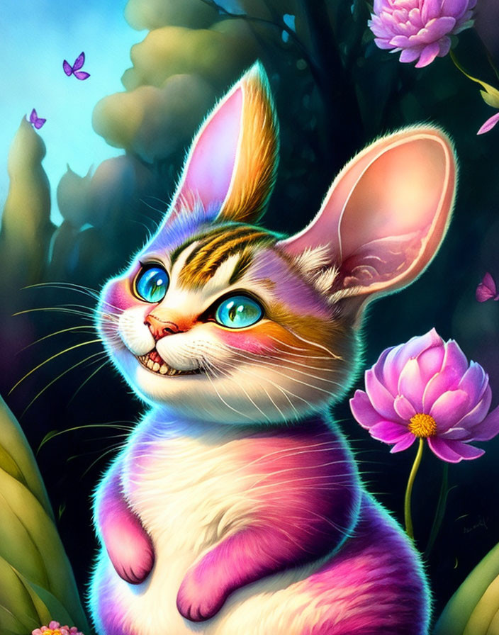 Whimsical cat with oversized ears, vivid blue eyes, pink fur, surrounded by flowers and butterflies