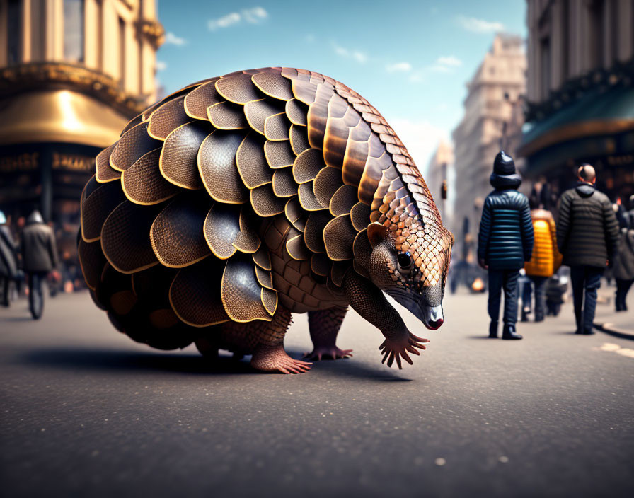 Large pangolin in urban setting with pedestrians.