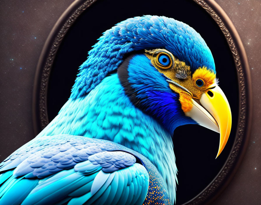 Detailed digital artwork: Blue parrot with golden eyes and yellow beak in circular frame on starry